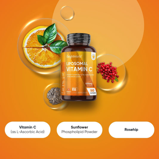 Liposomal Vitamin C Capsules 1000Mg - 180 Vegan Capsules (3 Months Supply) - L-Ascorbic Acid With Rosehip & Sunflower Phospholipid - Liposomal Vit C Supplement