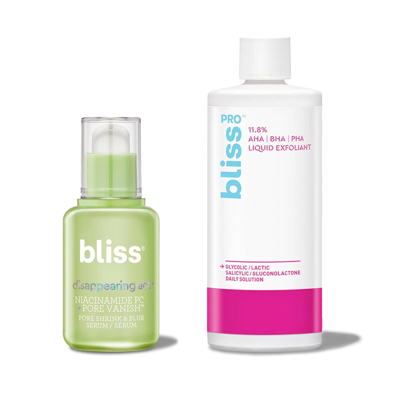 Bliss Daily Exfoliating and Pore Vanish Toner (2pc): BlissPro™ Liquid Exfoliant - Daily Exfoliating Treatment with 11.8% AHA, BHA, PHA Bliss Disappearing Act - Niacinamide PC Serum + Pore Vanish™