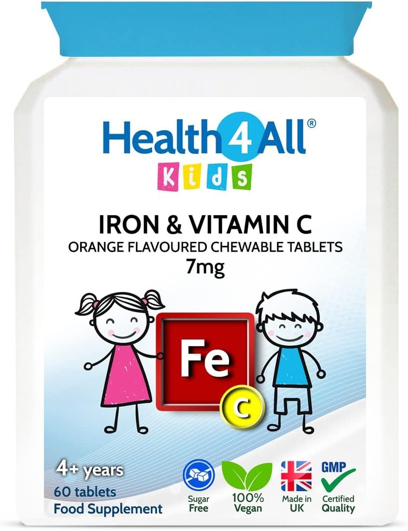 Health4All Kids Iron Chewable 60 Tablets Learning And Growth Support. Vegan Iron Supplement For Children