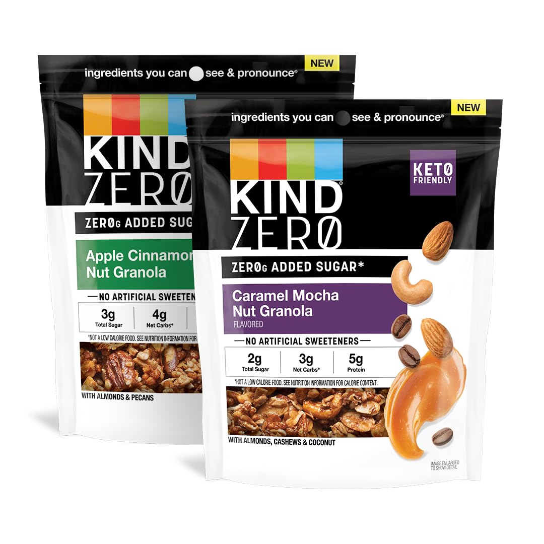 Kind Zero Added Sugar Granola, Variety Pack, Apple Cinnamon Nut & Caramel Mocha Nut, Healthy Snacks, Gluten Free, 2 Count