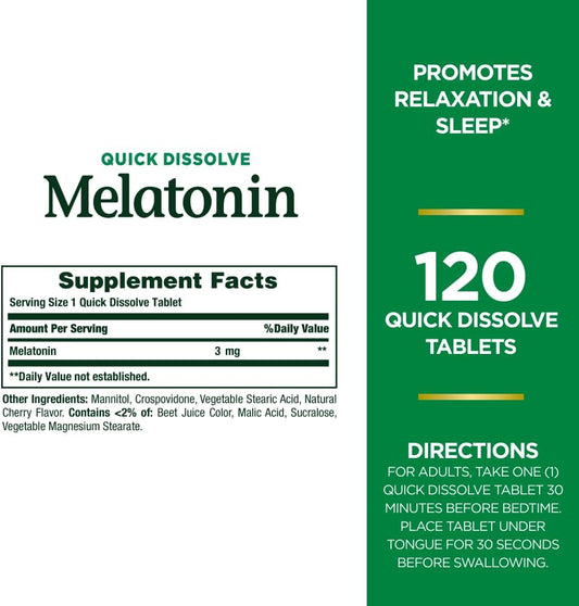 Nature'S Bounty Melatonin, Promotes Relaxation & Sleep, 100% Drug Free Sleep Aid, 3 Mg, 120 Quick Dissolve Tablets