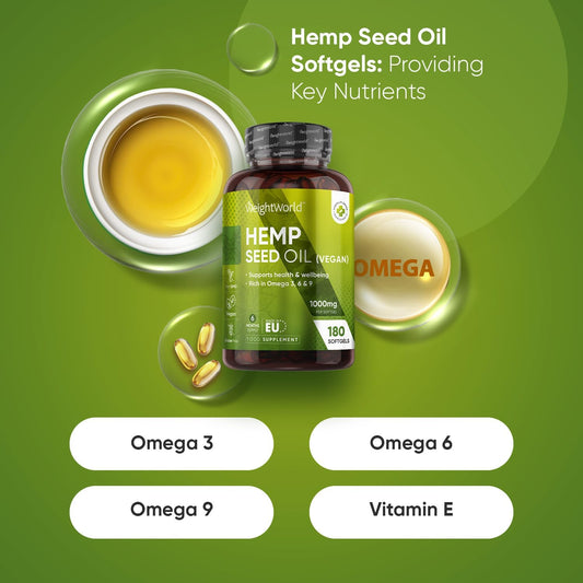Hemp Seed Oil Capsules Softgels | 180 Omega 3 6 9 Capsules With Added Vitamin E | Cold-Pressed | 6 Months Supply | Supports Normal Blood Cholesterol Levels (Efsa) | 1 Softgel A Day
