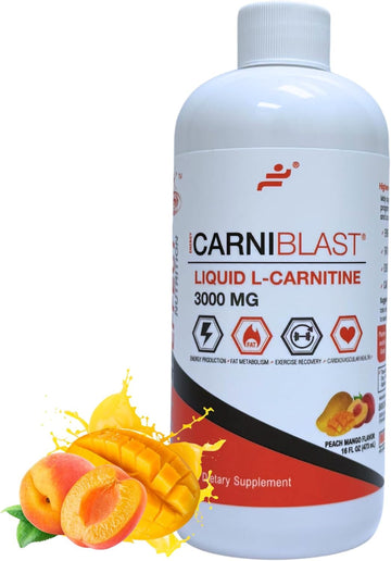 Carniblast Liquid L-Carnitine 3000Mg, Premium L Carnitine Carnipure, Sports Nutrition, Energy Supplement And Energy Booster, Peach Mango 16 Fl Oz