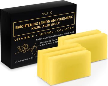 Valitic Brightening Lemon & Turmeric Kojic Acid Soap With Vitamin C, Retinol, Collagen - Original Japanese Complex Infused With Hyaluronic Acid, Vitamin E, Shea Butter, Castile Olive Oil (5 Pack)