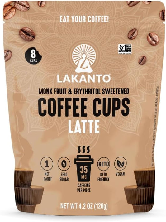 Lakanto Sugar Free Latte Coffee Cups - Monk Fruit Sweetener and Erythritol, Eat Your Coffee, On the Go Snack, Dark Rich Taste (Latte - 8 Cups - Pack of 1) : Grocery & Gourmet Food