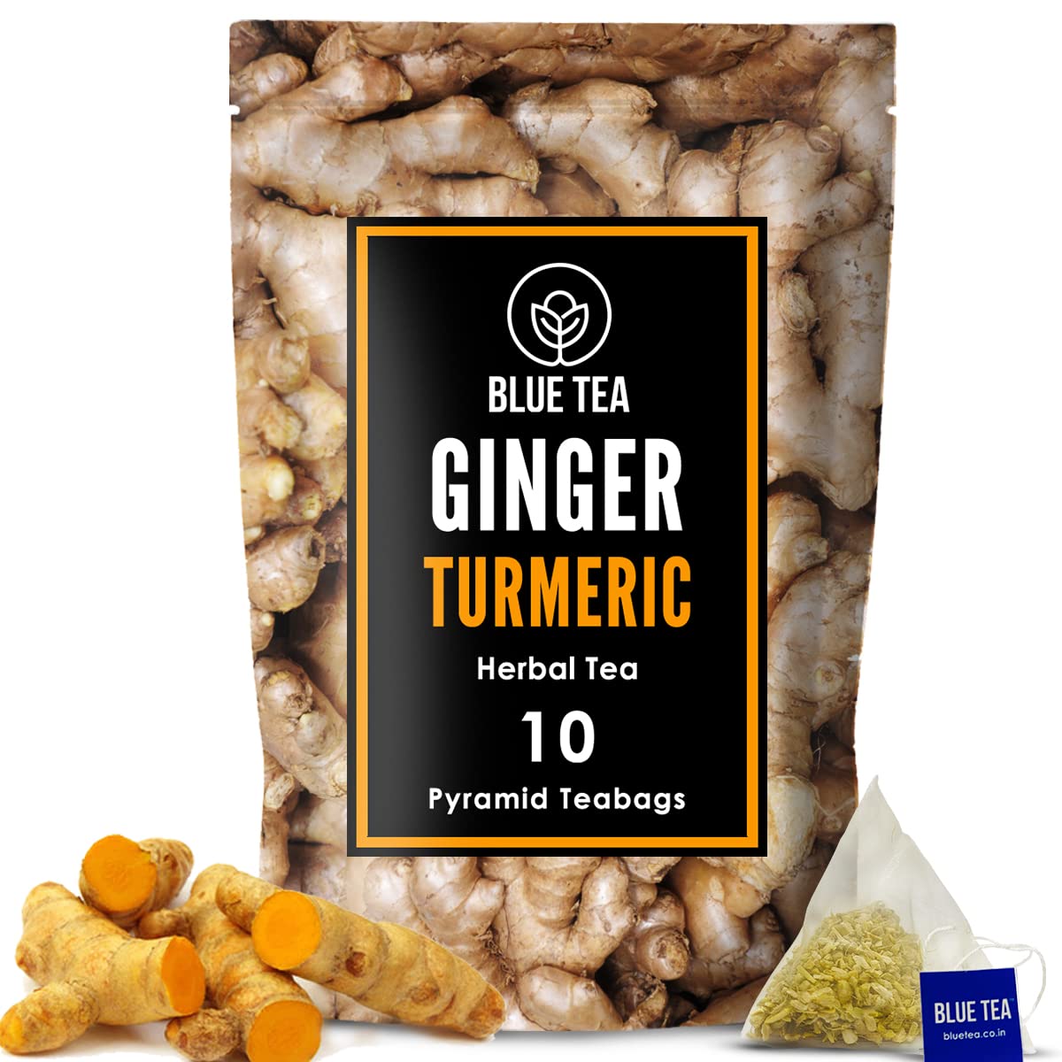 Blue Tea - Ginger Turmeric Tea - 10 Tea Bags | Ayurvedic Blend | Detox Tea - Immunity Booster - Herbal Tea - Caffeine-Free - Vegan - Non-Gmo - Gluten Free - Natural Ingredients | Zipper Pack