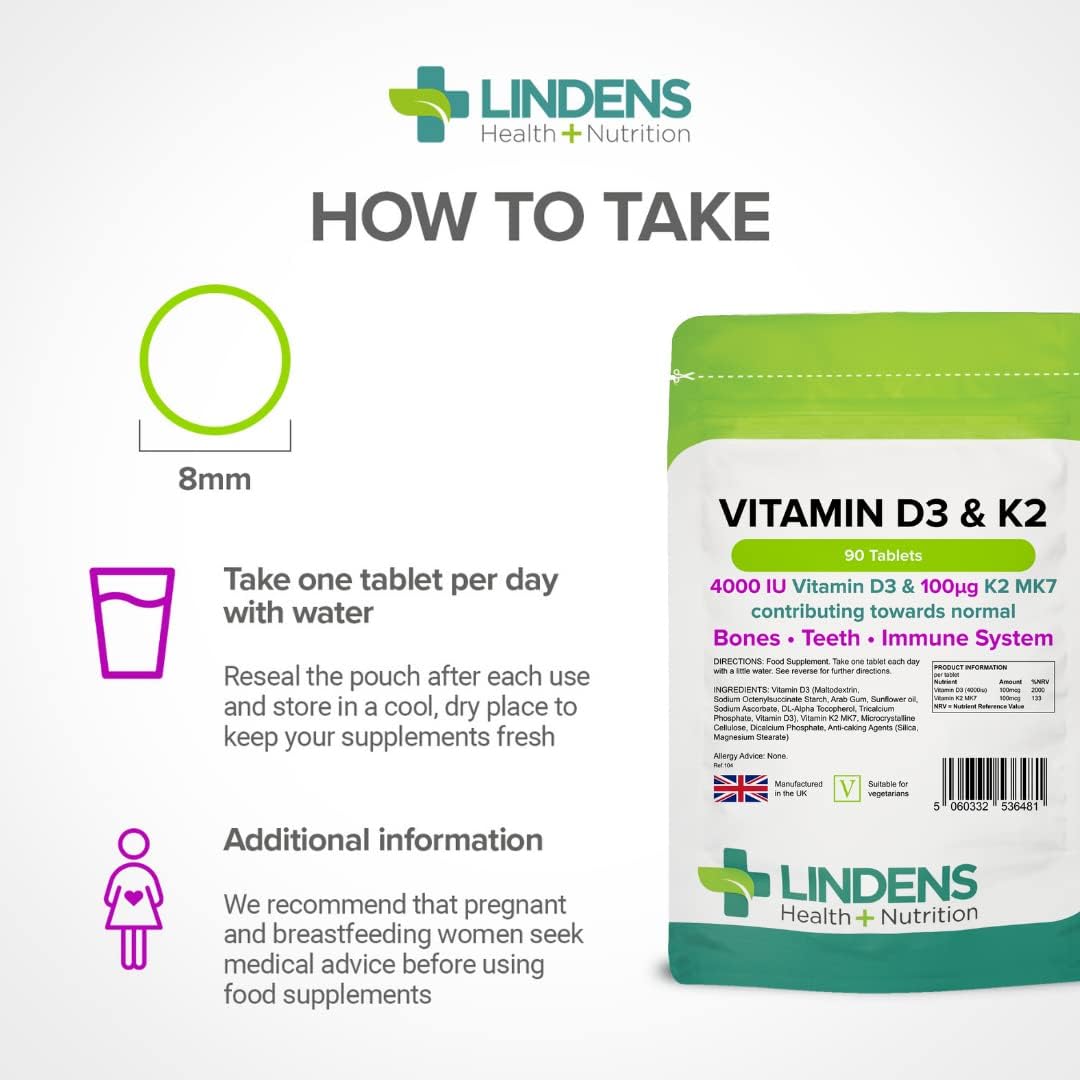 Lindens Vitamin D3 4000IU & MK7 K2 | 90 Tablets | UK Made | Immune Health, Bones, Teeth, Muscle, Blood Calcium Absorption | High Strength Vitamin D & K2 Supplement | 3 Months Supply | Vegetarian : Amazon.co.uk: Health & Personal Care