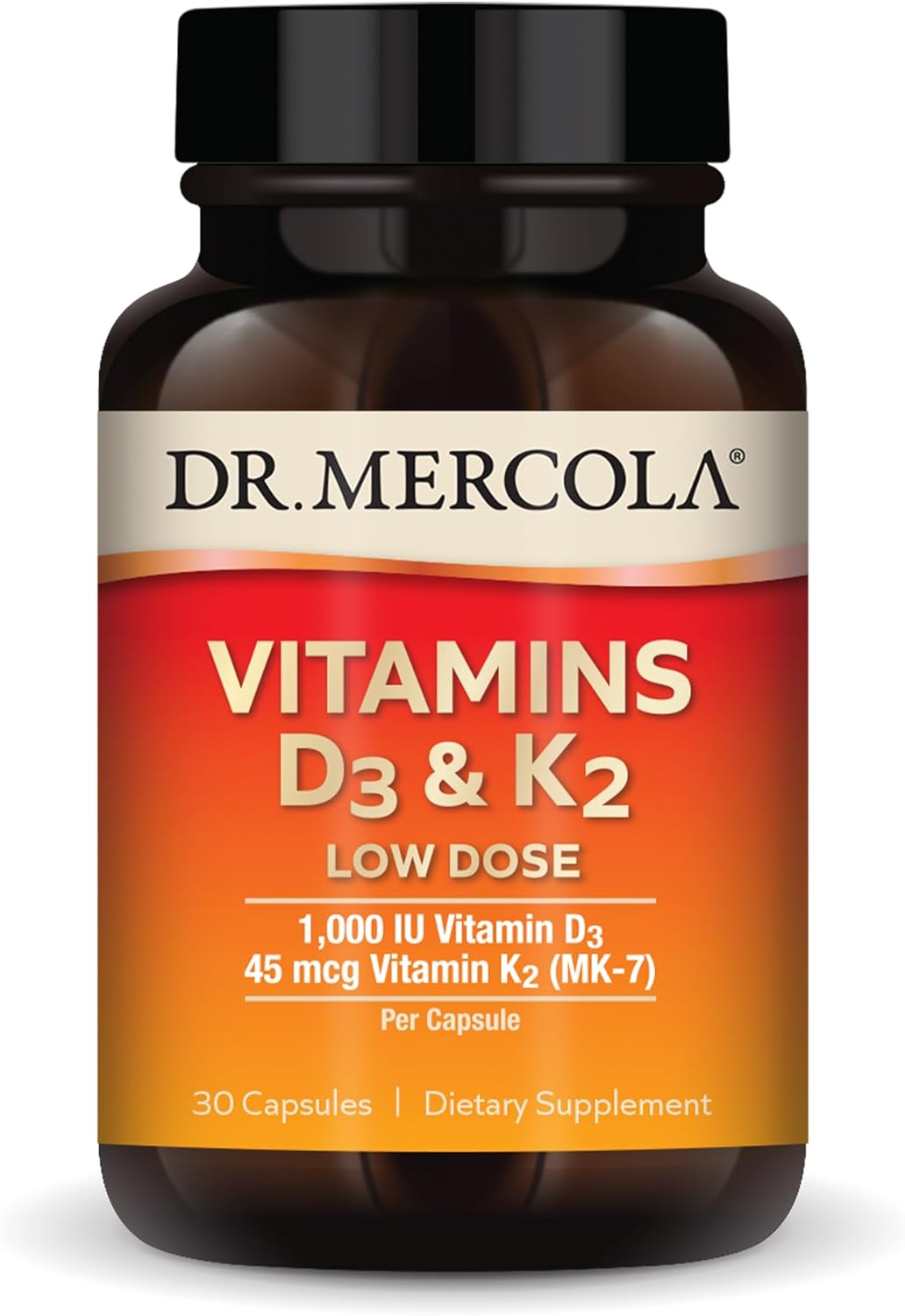 Dr. Mercola Vitamins D3 & K2 Low Dose, 30 Servings (30 Capsules), 1,000 Iu Vitamin D3 & 45 Mcg Vitamin K2 (Mk-7) Per Capsule, Dietary Supplement, Supports Healthy Immune Function, Non-Gmo