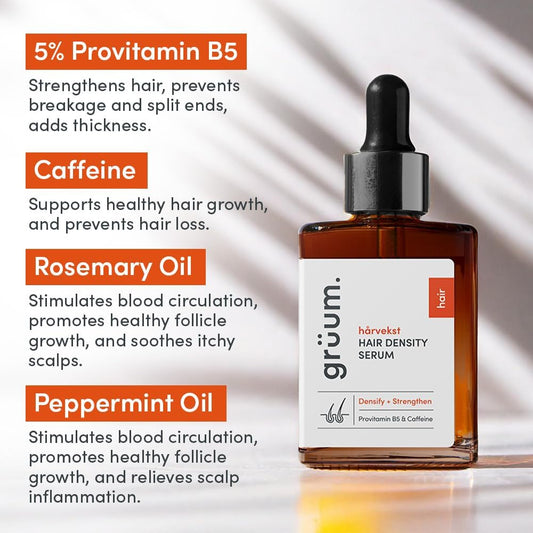 Grüum Hair Density Serum 30Ml - Lightweight Leave In Caffeine Hair Growth Serum For Thick, Denser & Healthy Hairs - Anti Hairs Loss Scalp Serums For Men & Women With 5% Provitamin 5 And Caffeine