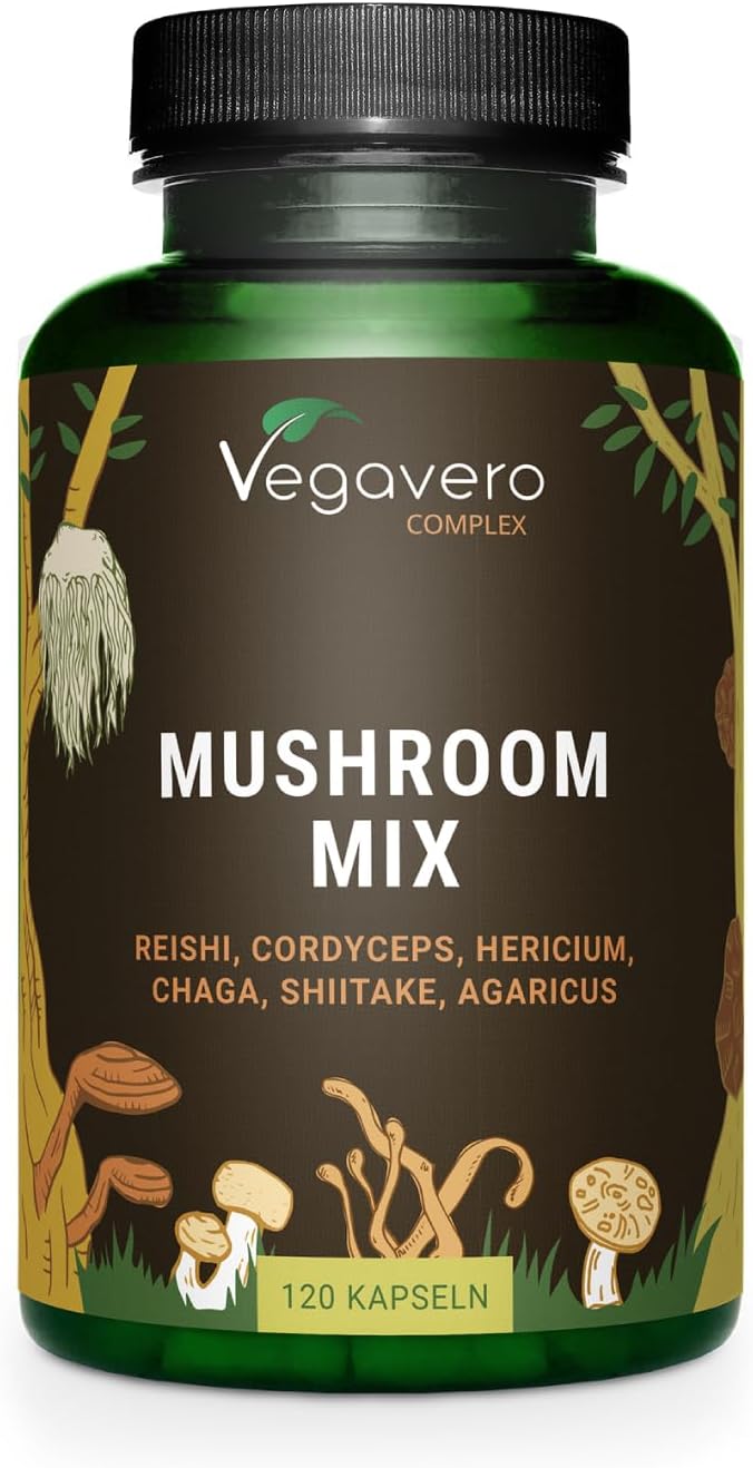 Vegavero Mushroom Complex | High Strength Extracts | Reishi, Cordyceps, Chaga, Lions Mane, Shiitake & Agaricus | No Additives | 120 Capsules | Vegan