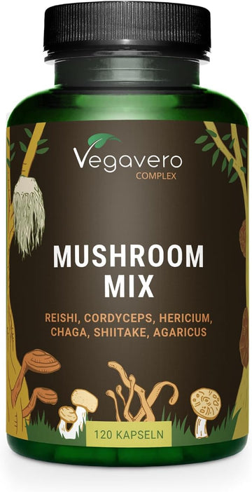 Vegavero Mushroom Complex | High Strength Extracts | Reishi, Cordyceps, Chaga, Lions Mane, Shiitake & Agaricus | No Additives | 120 Capsules | Vegan