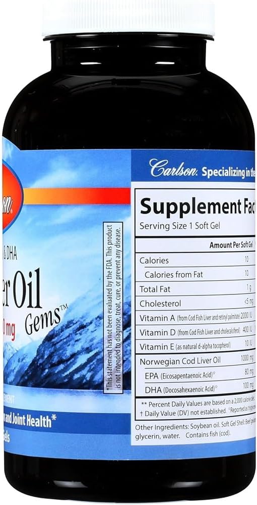 Carlson - Cod Liver Oil, Super 1000 Mg + Vitamins A & D3, Wild Norwegian, Sustainably Sourced, 100 Softgels