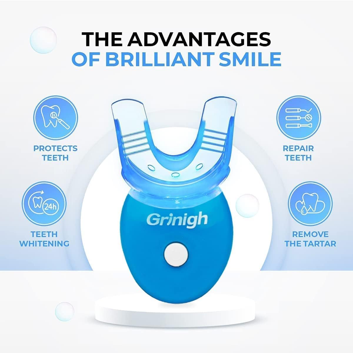 at-Home Teeth Whitening Light Accelerator with Matched Mouth Tray - Grinigh® - Powerful 5 LED Tubes for Teeth Whitening Treatment (Batteries Included)- Blue