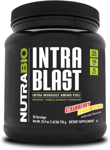 NutraBio Intra Blast and Pre-Workout Powder - Advanced Electrolyte Performance Drink - Amino Acid Recovery, EAA/BCAA Formula - Non-GMO and Gluten Free - Strawberry Lemon Bomb - 30 Servings