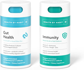 Health By Habit Inner Strength Kit - Gut Health (60 Capsules) & Immunity (60 Capsules) Supplement - Support a Healthy Digestive System, Immune Health, Antioxidant Levels, Probiotic, Prebiotic, Vegan