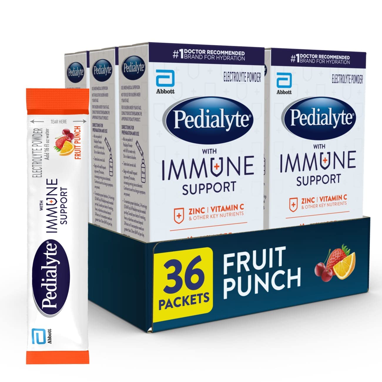 Pedialyte With Immune Support, 36 Count, Electrolytes With Vitamin C And Zinc, Advanced Hydration With Preactiv Prebiotics, Fruit Punch, Electrolyte Drink Powder Packets