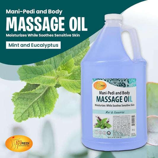 Spa Redi - Massage Oil, Mint Eucalyptus, 32 Oz - Professional Full Body Massage Therapy, Manicure, Pedicure - Relax Sore Muscles And Repair Dry Skin, Enhanced With High Absorption Oils And Vitamin E