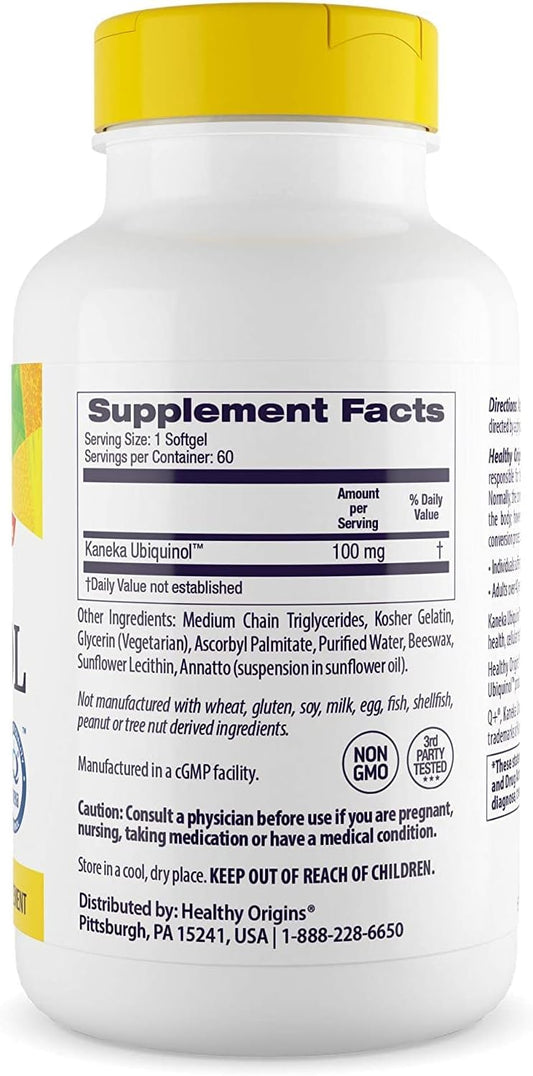 Healthy Origins Ubiquinol (Active form of CoQ10), 100 mg - Kaneka Ubiquinol Supplements for Heart Health & Antioxidant Support - Gluten-Free & Non-GMO Supplement - 60 Softgels