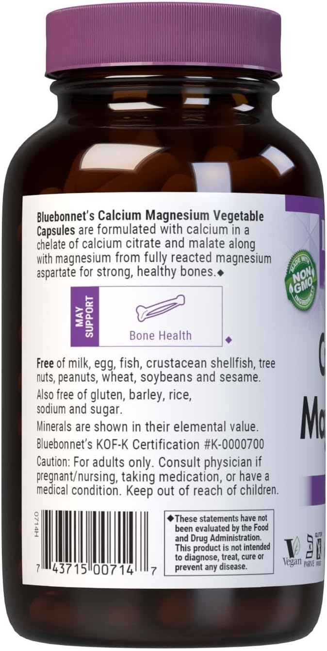 Bluebonnet Nutrition Calcium & Magnesium, Bone Health*, Soy-Free, Gluten-Free, Non-Gmo, Vegan, Kosher Parve, 180 Vegetable Capsules, 60 Servings