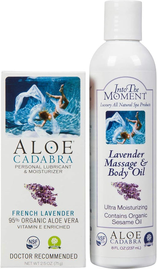 Aloe Cadabra Lavender Massage Oil and Organic Lavender Personal Lubricant Decorative Box Set