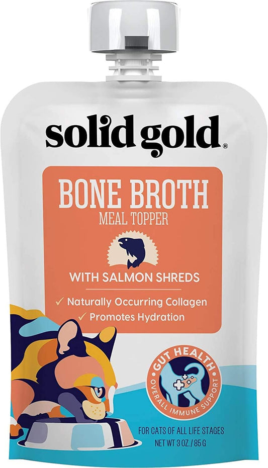 Solid Gold Bone Broth Cat Food Topper - Lickable Wet Cat Food With Protein Shreds For Hydration - Easy To Serve Wet Cat Food Gravy Bone Broth For Cats - Healthy Cat Snacks Treats - Salmon - 12 Pack