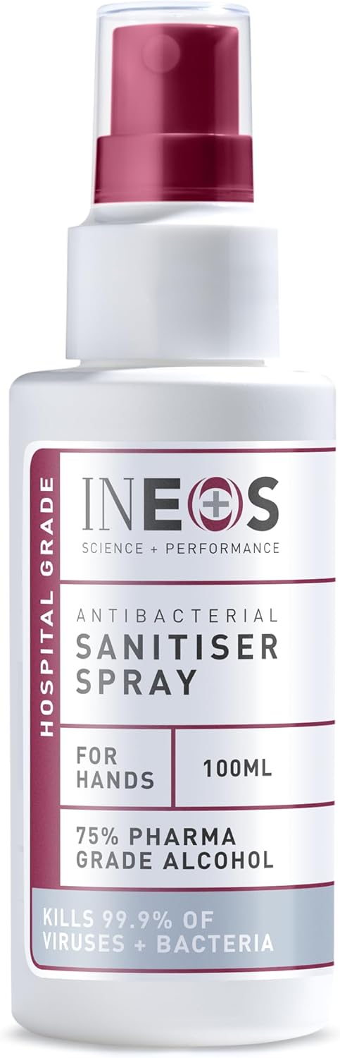 Ineos Sanitiser Spray (100 Ml) - Antibacterial Hand Sanitiser 75% Pharma Grade Alcohol Based - Hospital Formula - Effective Against 99.9% Of Viruses And Bacteria