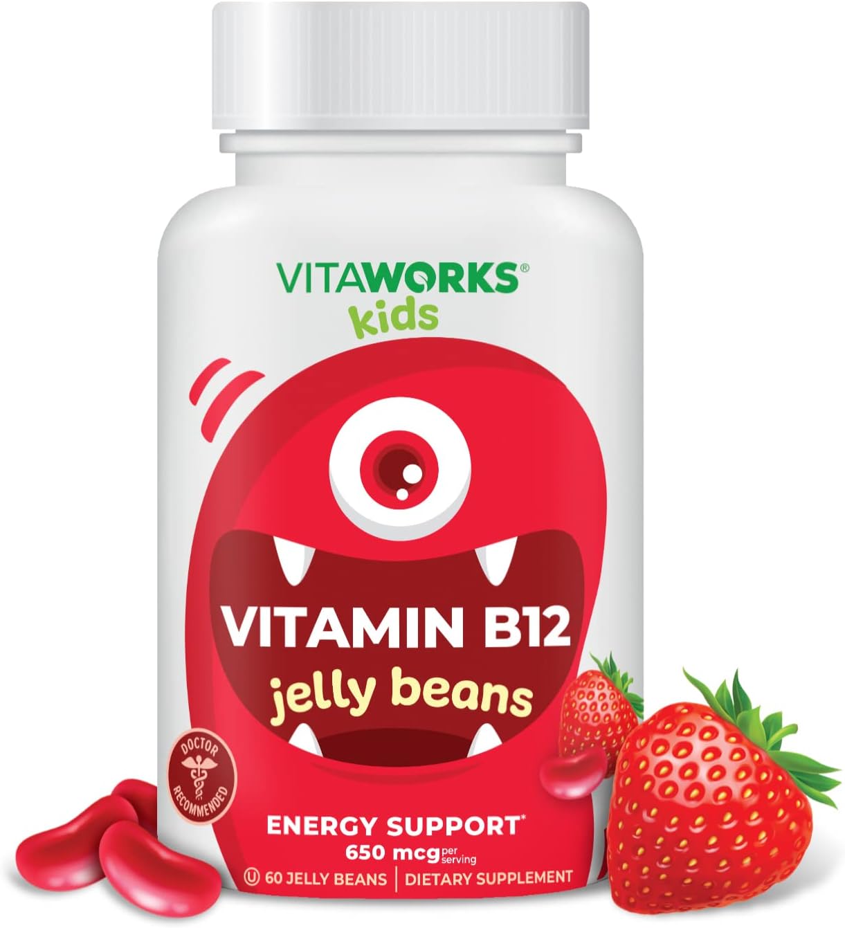 Vitamin B12 650mcg Jelly Beans for Kids - Tasty Natural Berry Blast Flavor - Vegan, GMO-Free, Gluten Free, Nut Free - Dietary Supplement - Energy Support for Children - 60 Jellies