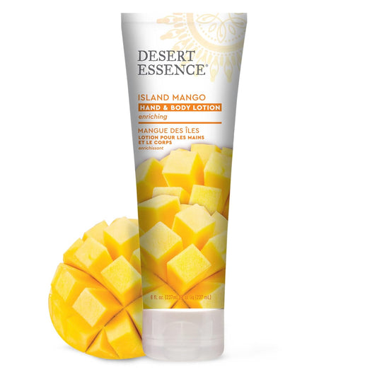 Desert Essence, Island Mango Hand & Body Lotion 8 Fl. Oz. - Gluten Free - Vegan - Cruelty Free - Mango Seed Butter, Passion Flower & Organic Shea Butter - Luscious & Rich - Tropical Island Scent