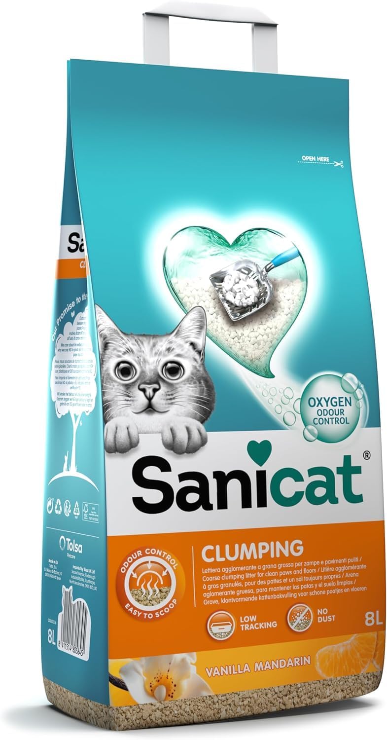 Sanicat - Clumping Cat Litter with Vanilla and Mandarin scent | Made of natural minerals with guaranteed odour control | Absorbs moisture and makes cleaning easier | 8 L capacity?PSANDUOW010L82