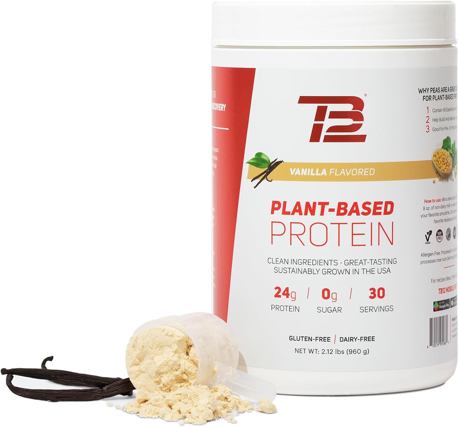 Tb12 Plant Based Protein Powder By Tom Brady, 24G Of Vegan Pea Protein, Low Sugar, Low Carb, Non-Gmo, Meal Replacement, Keto Friendly, Paleo, Sugar Free, Vanilla Flavor (30 Servings/2.12Lbs)