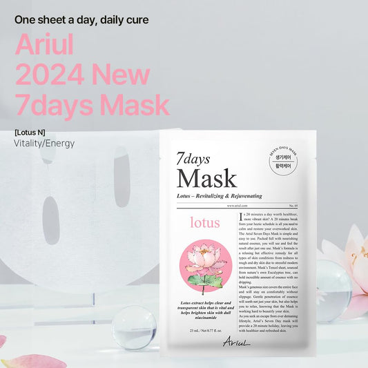 Ariul Sheet Mask New Seven Days Daily Care Essential Mask 10 Pack (Lotus N) Vitality, Energy | Korean Skincare Facial Moisturizing