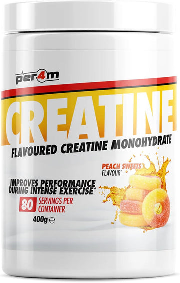 Per4M Creatine Powder | 80 Servings Of Micronised Creatine Monohydrate | Performance & Strength | 8 Flavours (400G, Peach Sweets)