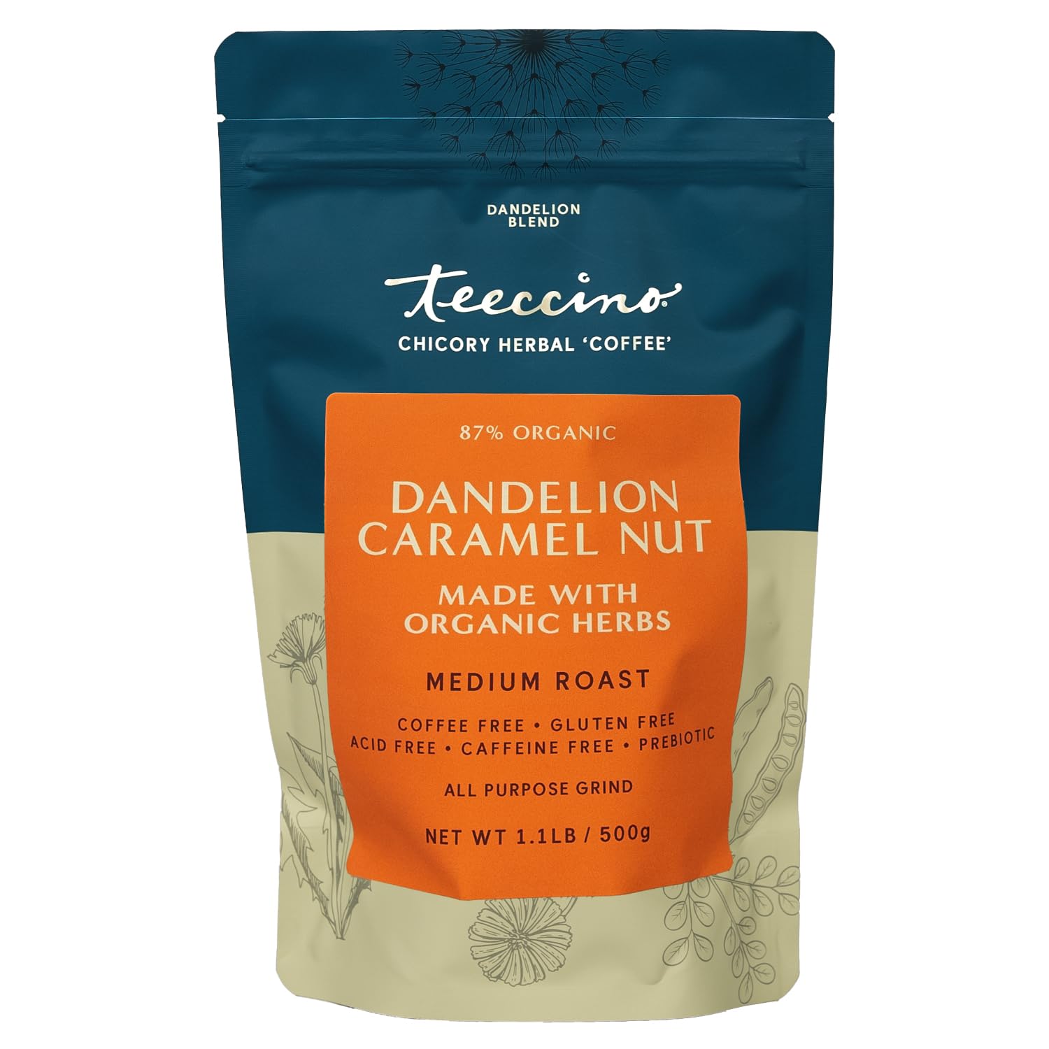 Teeccino Dandelion Caramel Nut Herbal Coffee - Caffeine-Free Coffee Alternative With Prebiotics, Gluten Free, Acid Free - Medium Roast, 500 Grams