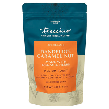 Teeccino Dandelion Caramel Nut Herbal Coffee - Caffeine-Free Coffee Alternative With Prebiotics, Gluten Free, Acid Free - Medium Roast, 500 Grams