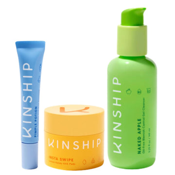 Kinship Bundle Naked Apple Gel Cleanser + Insta Swipe Exfoliating Pads + Pimple Potion Acne Spot Treatment | Oil Free Face Wash + Glycolic Acid Exfoliant + 2% BHA Salicylic Acid | Unclog Pores