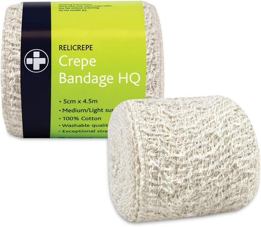 Reliance Medical Relicrepe Crepe Bandage HQ - Washable and Stretchable, Suitable for Treating Sprains, Strains and Minor Aches, 100 Percent Cotton, 5 cm x 4.5 m,Pack of 10 : Amazon.co.uk: Health & Personal Care