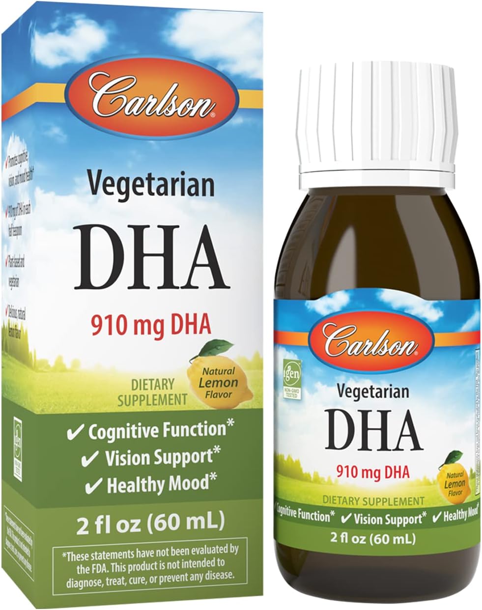 Carlson - Vegetarian DHA, 910 mg DHA, Cognitive Function, Mood Health, Plant-Based, Lemon, 60 mL (2 fl oz)