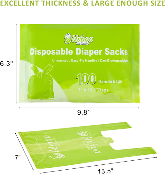 Biodegradable Disposable Diaper Bags, 100 Count, 10 Ounce Capacity, Easy-Tie Handles, Convenient And Eco-Friendly