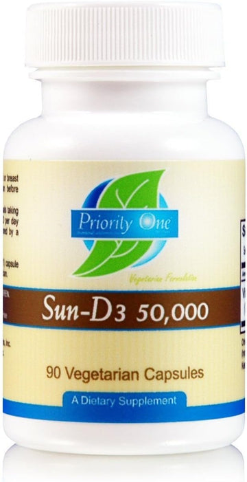 Priority One Vitamins Sun D3 50,000 90 Vegetarian Capsules - The Most bioavailable Form of Vitamin D (cholecalciferol)