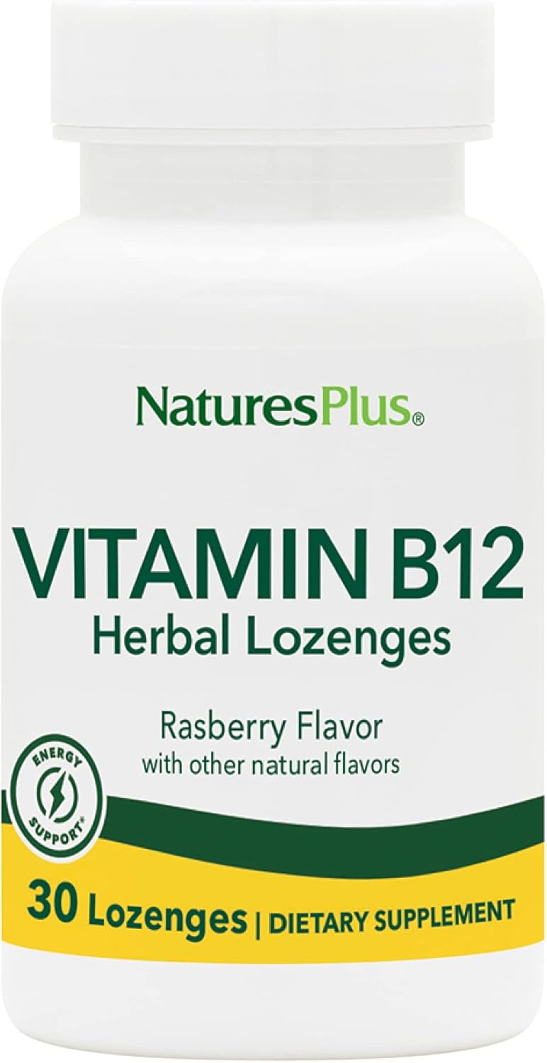 Natures Plus B12 Herbal Lozenges (Methylcobalamin) - 1000 Mcg, 30 Sublingual Lozenges - Raspberry - Maximum Absorption Red Blood Cell Support - Energy Booster - Vegetarian, Gluten-Free - 30 Servings