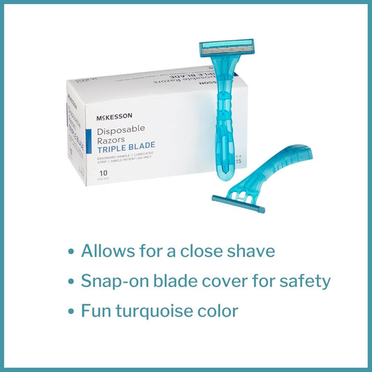 Mckesson Disposable Razors, Stainless Steel Triple Blade, Lubricated Strip, Ergonomic Handle, Turquoise, 10 Count, 50 Packs, 500 Total