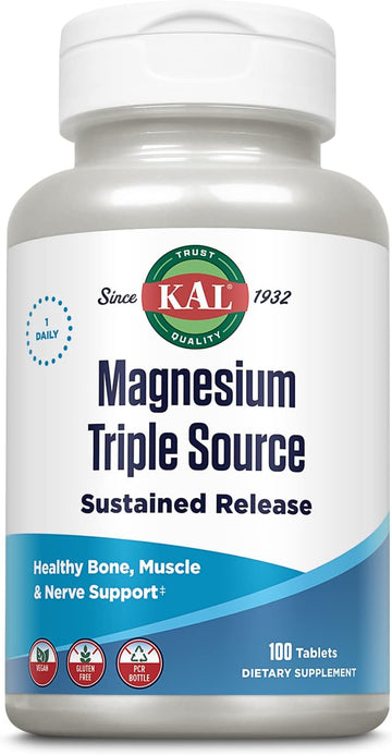 Kal Triple Source Magnesium Complex, Magnesium Citrate, Magnesium Malate, Magnesium Oxide, Sustained Release, Bone, Muscle, Nerve Support, Vegan, Gluten Free, 60-Day Guarantee, 100 Servings, 100 Tabs