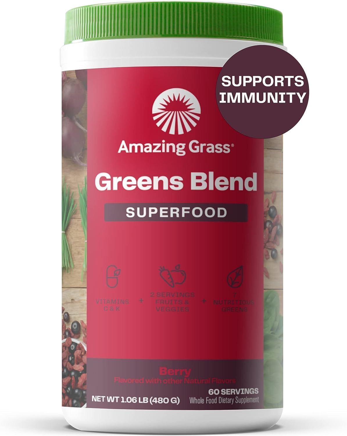 Amazing Grass Greens Superfood Powder: Greens Powder With Digestive Enzymes & Probiotics, Organic Spirulina, Chlorella, And Beet Root Powder, Berry, 60 Servings