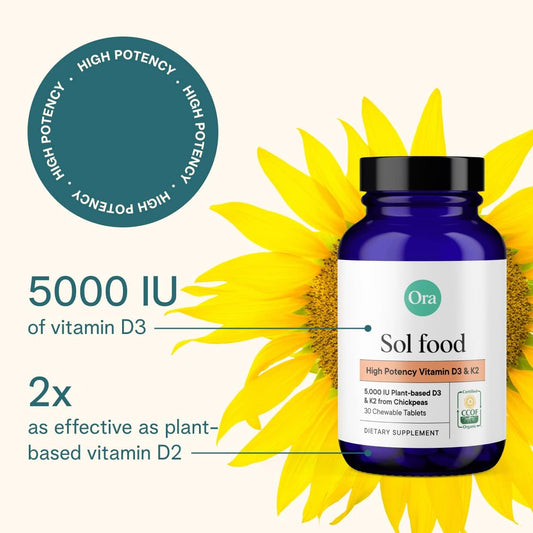 Ora Organic Vitamin D3 5000Iu + K2 - Vegan Vitamin D From Lichen And K2 From Chickpeas For Bone Health, Immune Support, & Mood, Maximum Absorption - 1 Month Supply, 30 Chewable Tablets