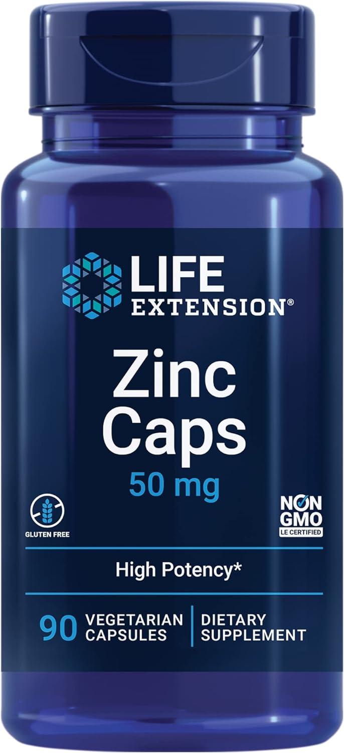 Life Extension Zinc Caps, zinc 50 mg, zinc citrate, Support the body's immune defenses, ultra-absorbable, vegetarian, non-GMO, gluten-free, 90 vegetarian capsules, 90 Count (Pack of 1)