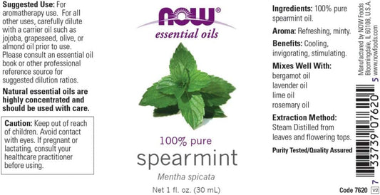 Now Essential Oils, Spearmint Oil, Stimulating Aromatherapy Scent, Steam Distilled, 100% Pure, Vegan, Child Resistant Cap, 1-Ounce