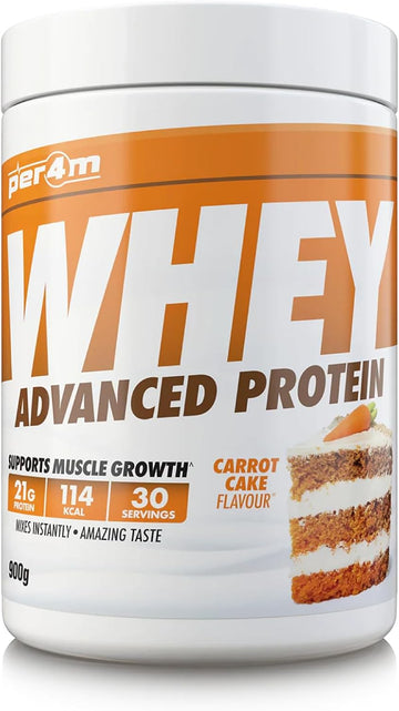 Per4M Protein Whey Powder | 30 Servings Of High Protein Shake With Amino Acids | For Optimal Nutrition When Training | Low Sugar Gym Supplements (Carrot Cake, 900G)