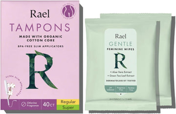 Rael Bundle - BPA Free Slim Applicator Tampon (Regular & Super, 40 Count), Flushable Feminine Wipes (20 Count)