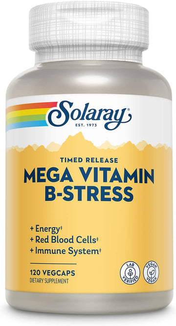 Solaray Mega Vitamin B-Stress, Timed-Release Vitamin B Complex With 1000 Mg Of Vitamin C For Stress, Energy, Red Blood Cell & Immune Support, 60 Day Guarantee, Vegan, 40 Servings, 120 Vegcaps