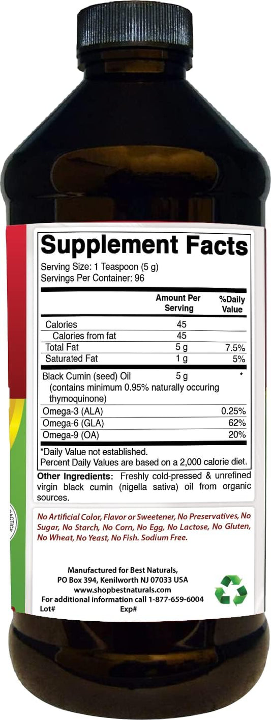 Best Naturals Black Seed Oil - Minimum 0.95% Thymoquinone (Tq) - Cold Pressed Nigella Sativa Aids In Digestive Health, Immune Support, Brain Function, Joint Mobility, Gluten Free, Non Gmo - 16 Oz